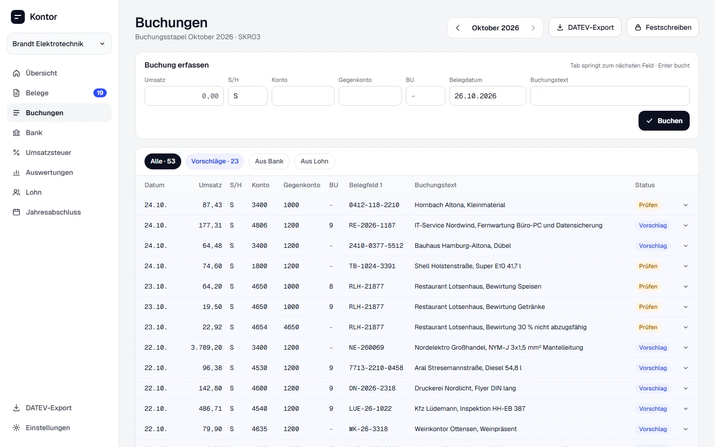 Buchungen im Browser: Buchungsstapel Oktober mit Erfassungszeile, Vorschlägen und Journal