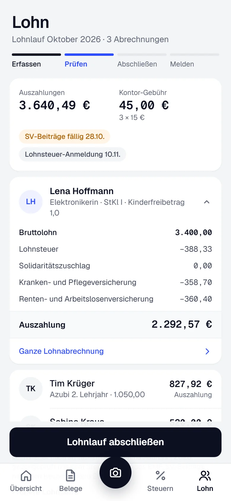 Lohn auf dem Telefon: die Abrechnung von Lena Hoffmann Zeile für Zeile